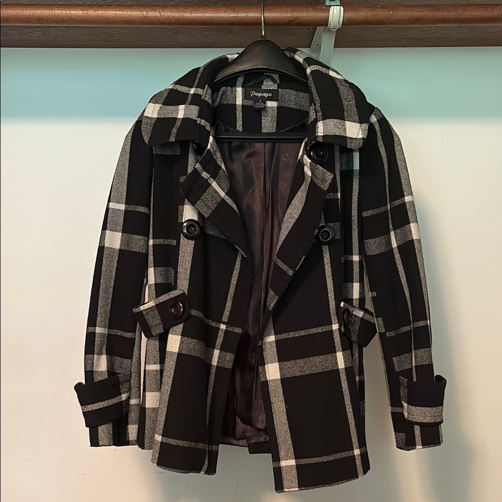 Papaya Black and Cream Checkered Peacoat